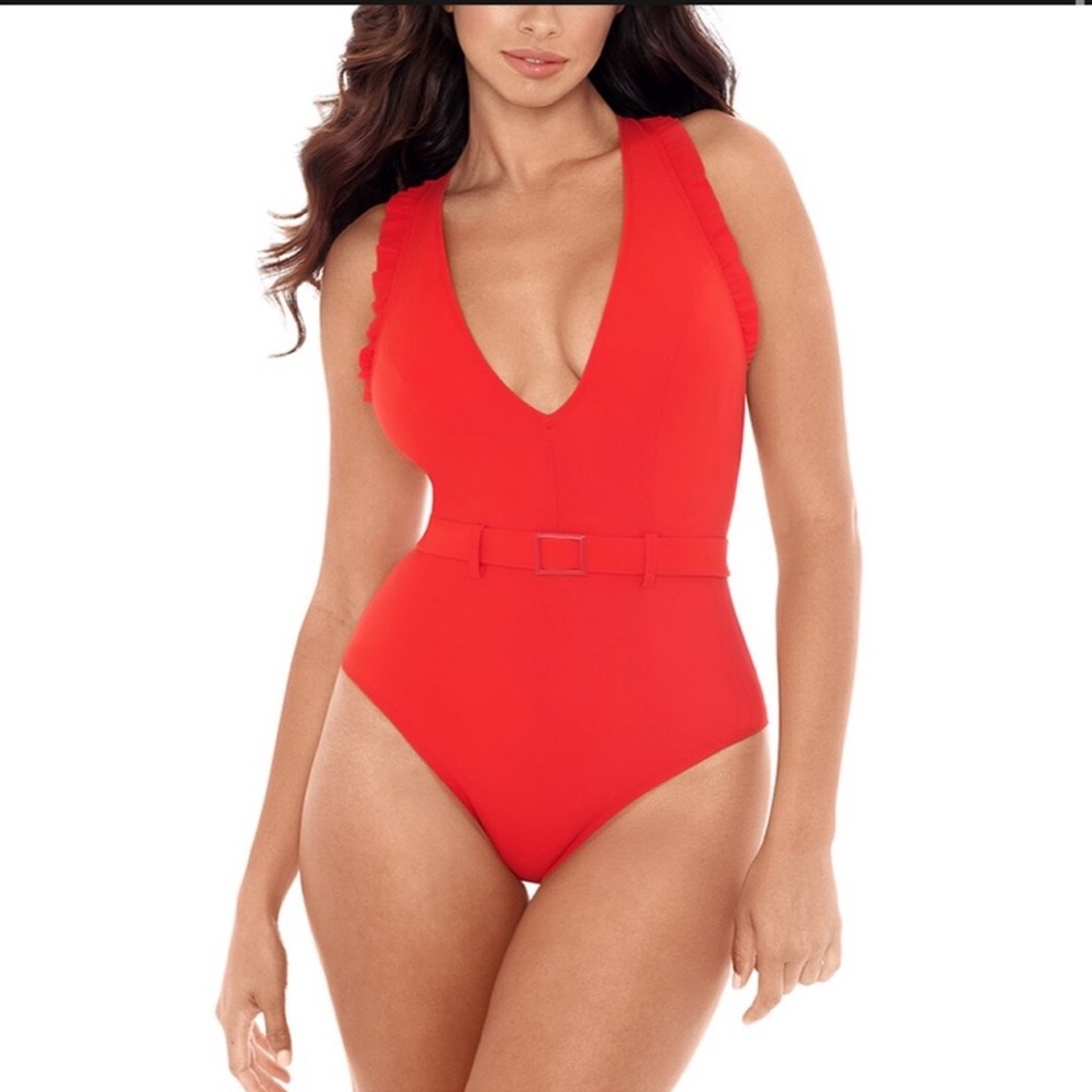 Skinny‎ Dippers Jelly Beans Cinch Ruffle Sleeve One Piece Swimsuit Red Size XL